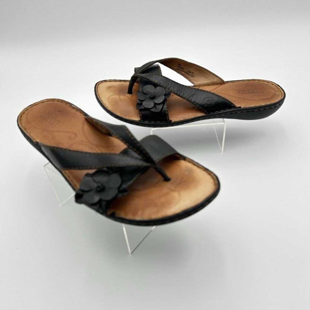 Born Women's Black Leather Thong Slide Shoe with Flower B97903 size 9M